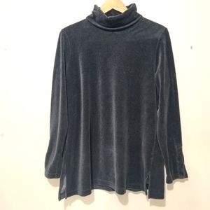 LANDS' END Gray Velvet Turtleneck Pullover Sweater